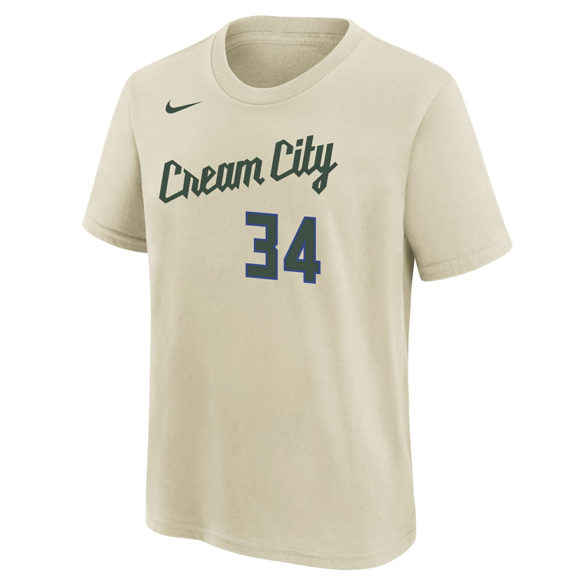 Nike Giannis Antetokounmpo Milwaukee Bucks Youth 2025/26 City Edition Name & Number T-Shirt Cream
