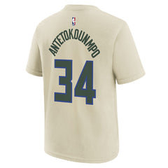 Nike Giannis Antetokounmpo Milwaukee Bucks Youth 2025/26 City Edition Name & Number T-Shirt Cream