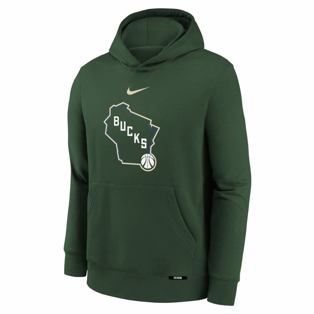 Nike Milwaukee Bucks Youth 2025/26 City Edition Club Fleece Pullover Hoodie Hunter Green