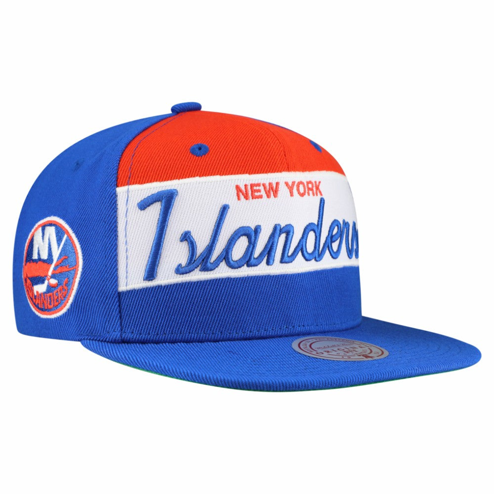 New York Islanders Mitchell & Ness Retro Script Colorblock Snapback Hat - Royal | NHL on sale