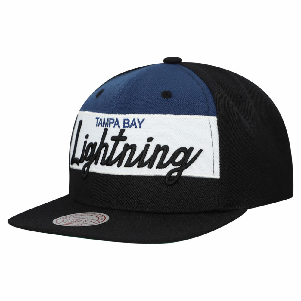 Tampa Bay Lightning Mitchell & Ness Retro Script Colorblock Snapback Hat - Black | NHL online