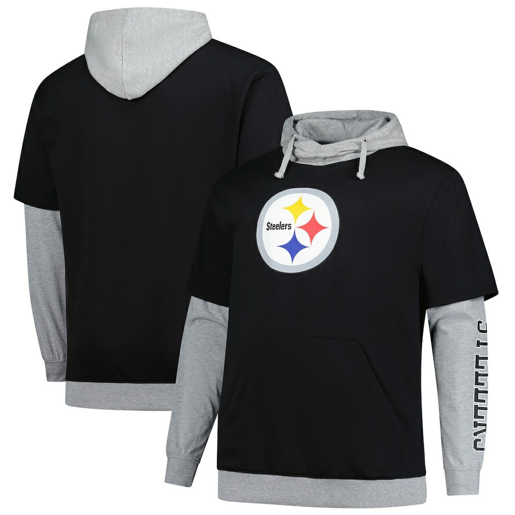 Pittsburgh Steelers Big & Tall Twofer Pullover Hoodie - Black/Heather Gray - Fanatics