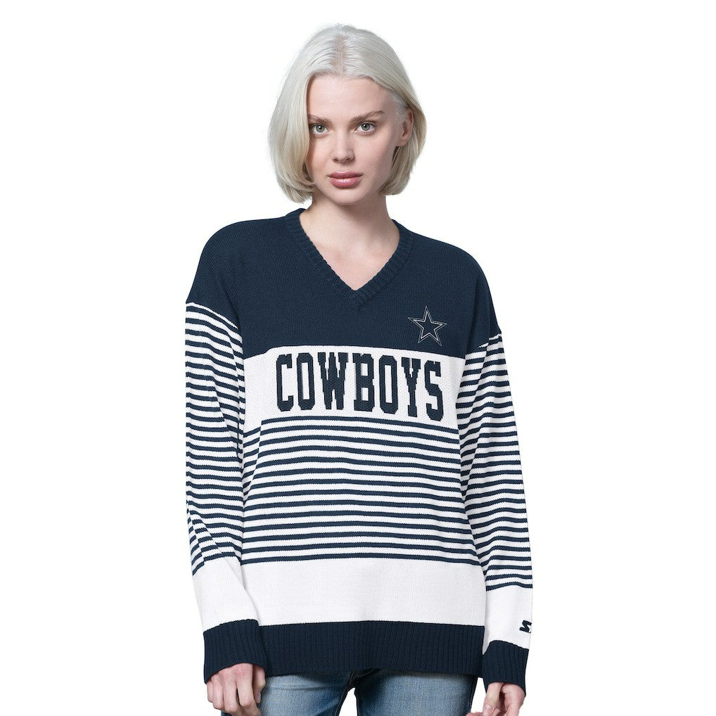Dallas Cowboys Starter Women's No Huddle Striped V-Neck Sweater - Navy - NFL