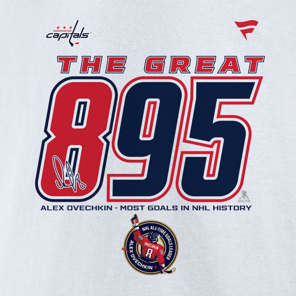 Alexander Ovechkin Washington Capitals Fanatics NHL All-Time Leading Goal Scorer The Great 895 Fleece Pullover Sweatshirt - White | Fanatics sale