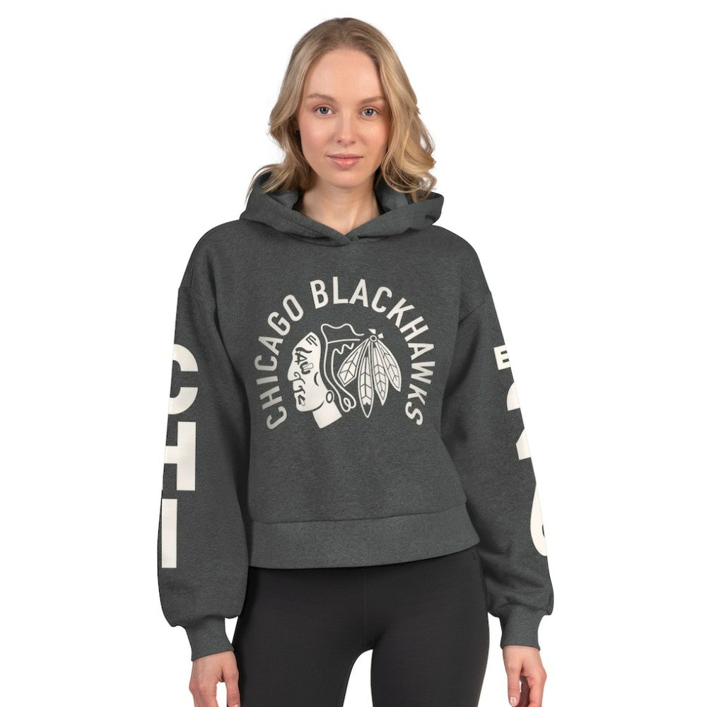 Chicago Blackhawks Starter Women's Star Player Cropped Fleece Hoodie - Heather Charcoal | NHL Clearance