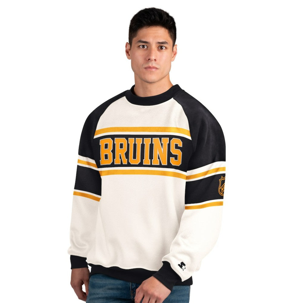 Boston Bruins Starter Male Adult Defense Fleece Crewneck Sweatshirt - White | NHL Clearance