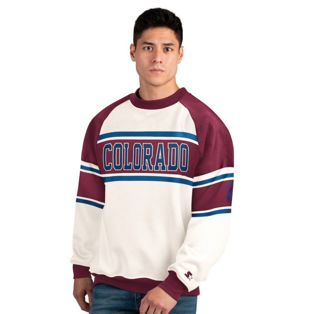 Colorado Avalanche Starter Male Adult Defense Fleece Crewneck Sweatshirt - White | NHL on sale