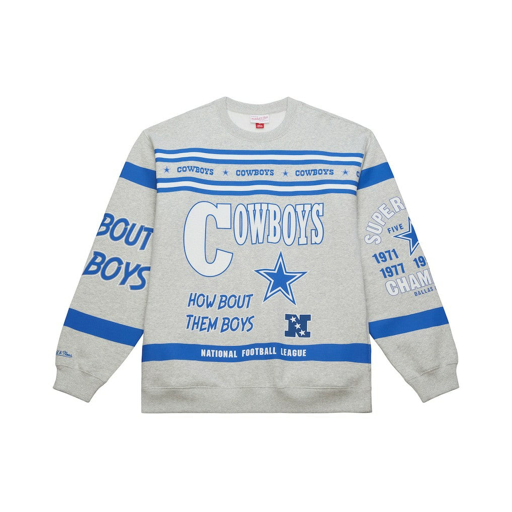 Dallas Cowboys All Over Print Retro Fleece Sweatshirt - Heather Gray - Mitchell & Ness