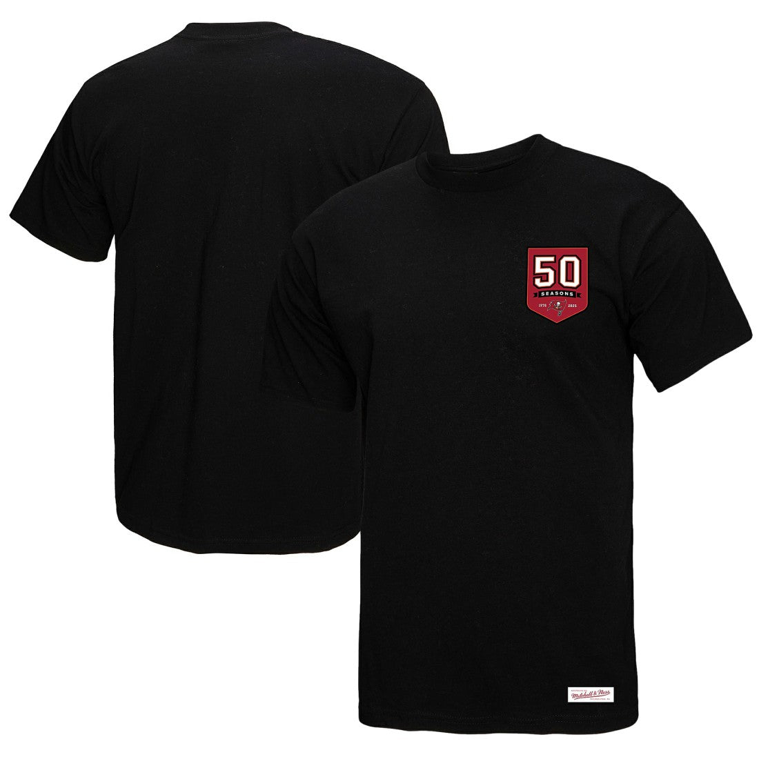 Tampa Bay Buccaneers Women's 50th Anniversary Shield Oversized Boyfriend T-Shirt - Black - Mitchell & Ness