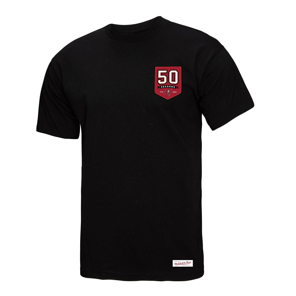 Tampa Bay Buccaneers Women's 50th Anniversary Shield Oversized Boyfriend T-Shirt - Black - Mitchell & Ness