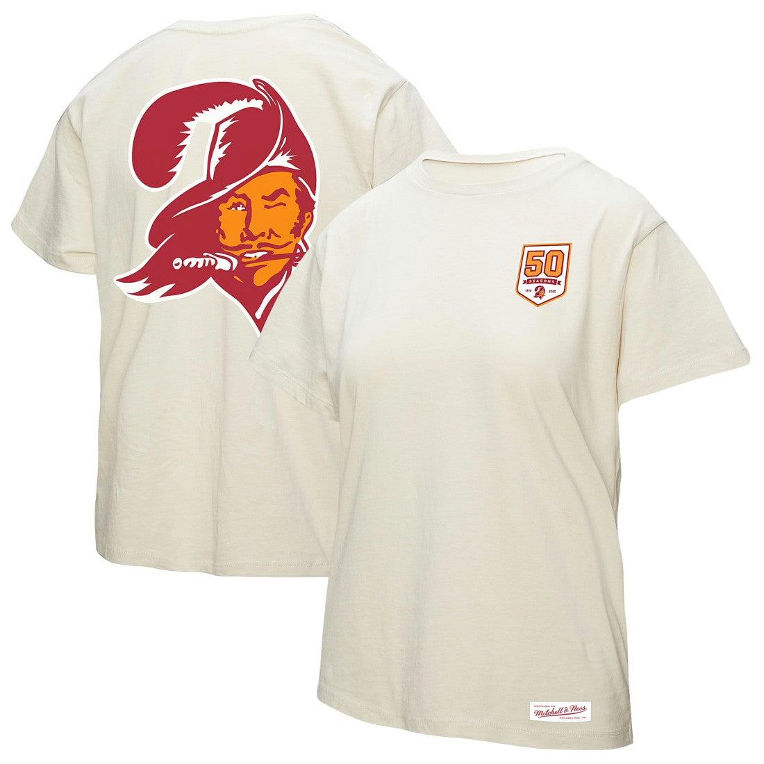 Tampa Bay Buccaneers Women's 50th Season Pirate Oversized Boyfriend T-Shirt - Cream - Mitchell & Ness