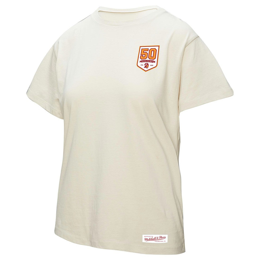 Tampa Bay Buccaneers Women's 50th Season Pirate Oversized Boyfriend T-Shirt - Cream - Mitchell & Ness