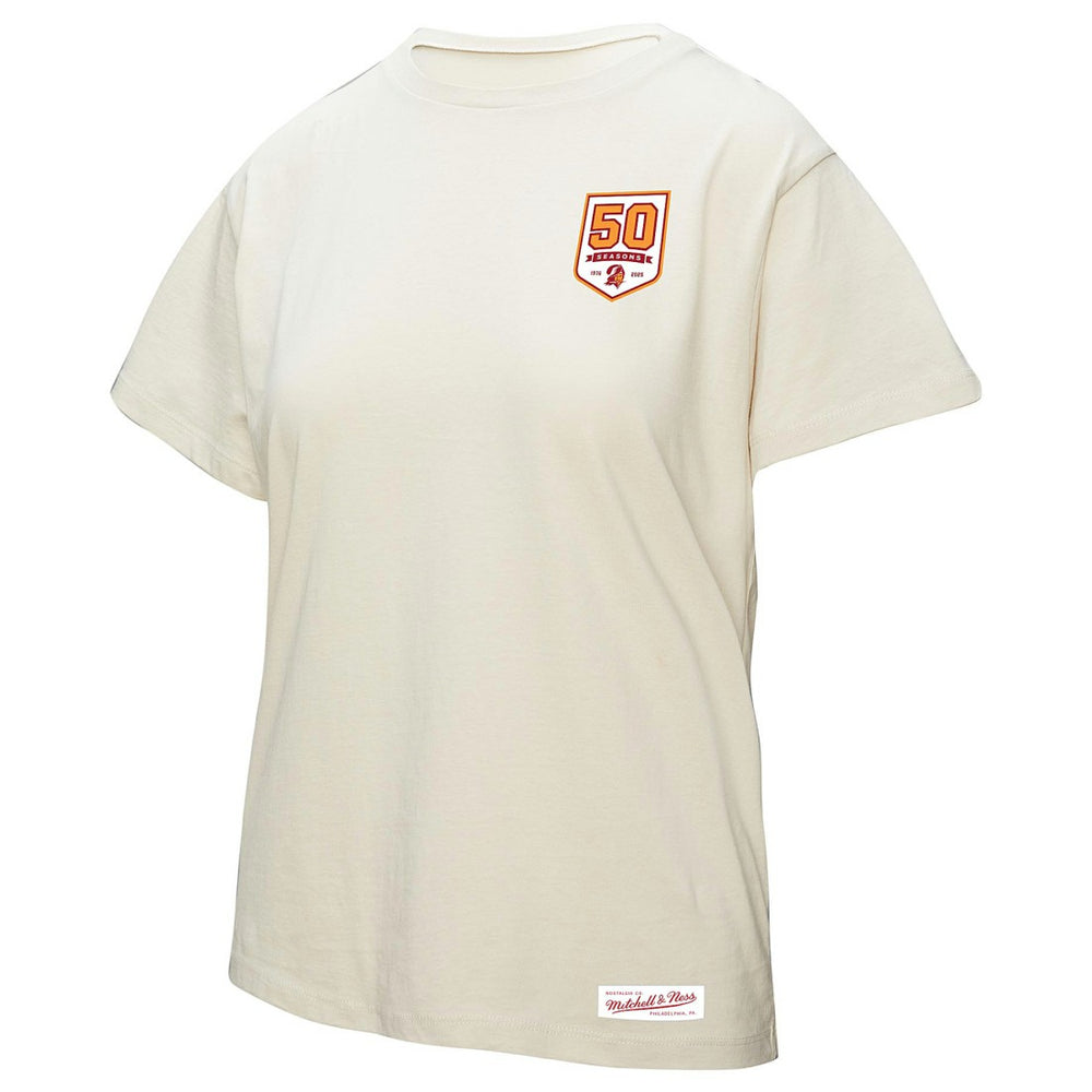 Tampa Bay Buccaneers Women's 50th Season Pirate Oversized Boyfriend T-Shirt - Cream - Mitchell & Ness