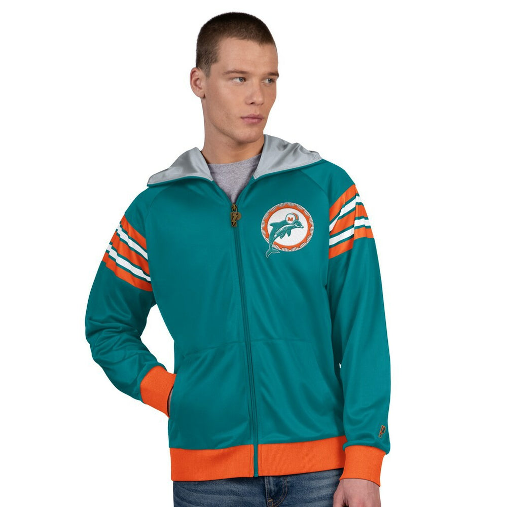 Miami Dolphins Pro Player Retro Helmet Full-Zip Hooded Track Jacket - Aqua/Coral - NFL