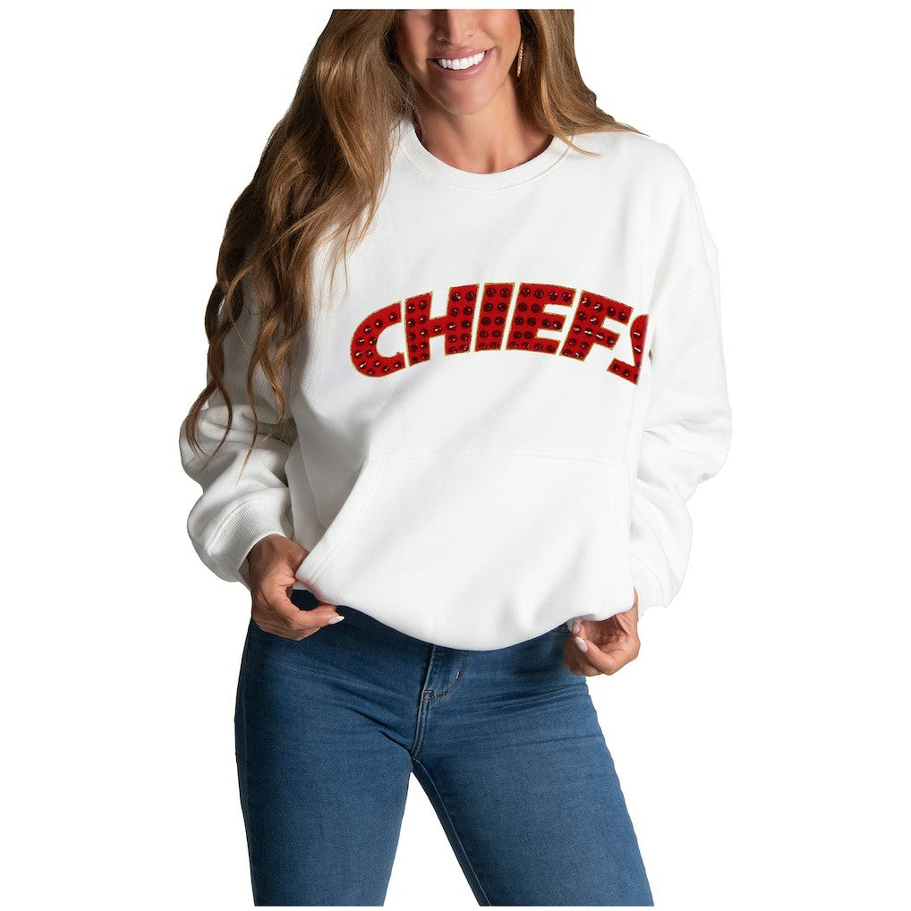 Kansas City Chiefs Cuce Women's Chenille Jeweled Sweatshirt - White - NFL