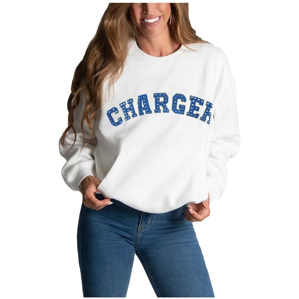 Los Angeles Chargers Cuce Women's Chenille Jeweled Sweatshirt - White - NFL