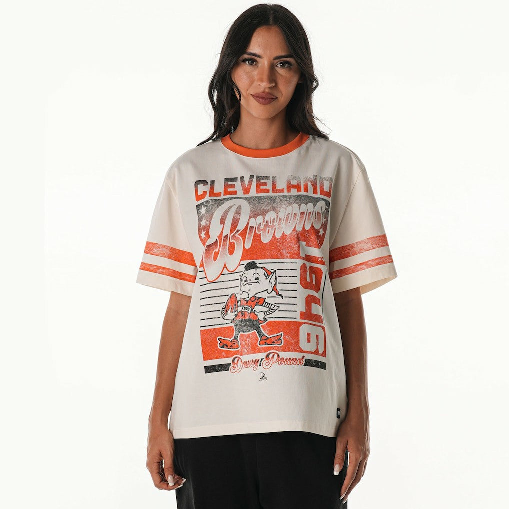 Cleveland Browns The Wild Collective Women's Vintage Drop Shoulder Oversized Boyfriend T-Shirt - Cream - NFL