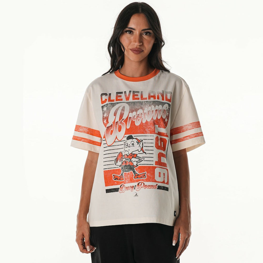 Cleveland Browns The Wild Collective Women's Vintage Drop Shoulder Oversized Boyfriend T-Shirt - Cream - NFL