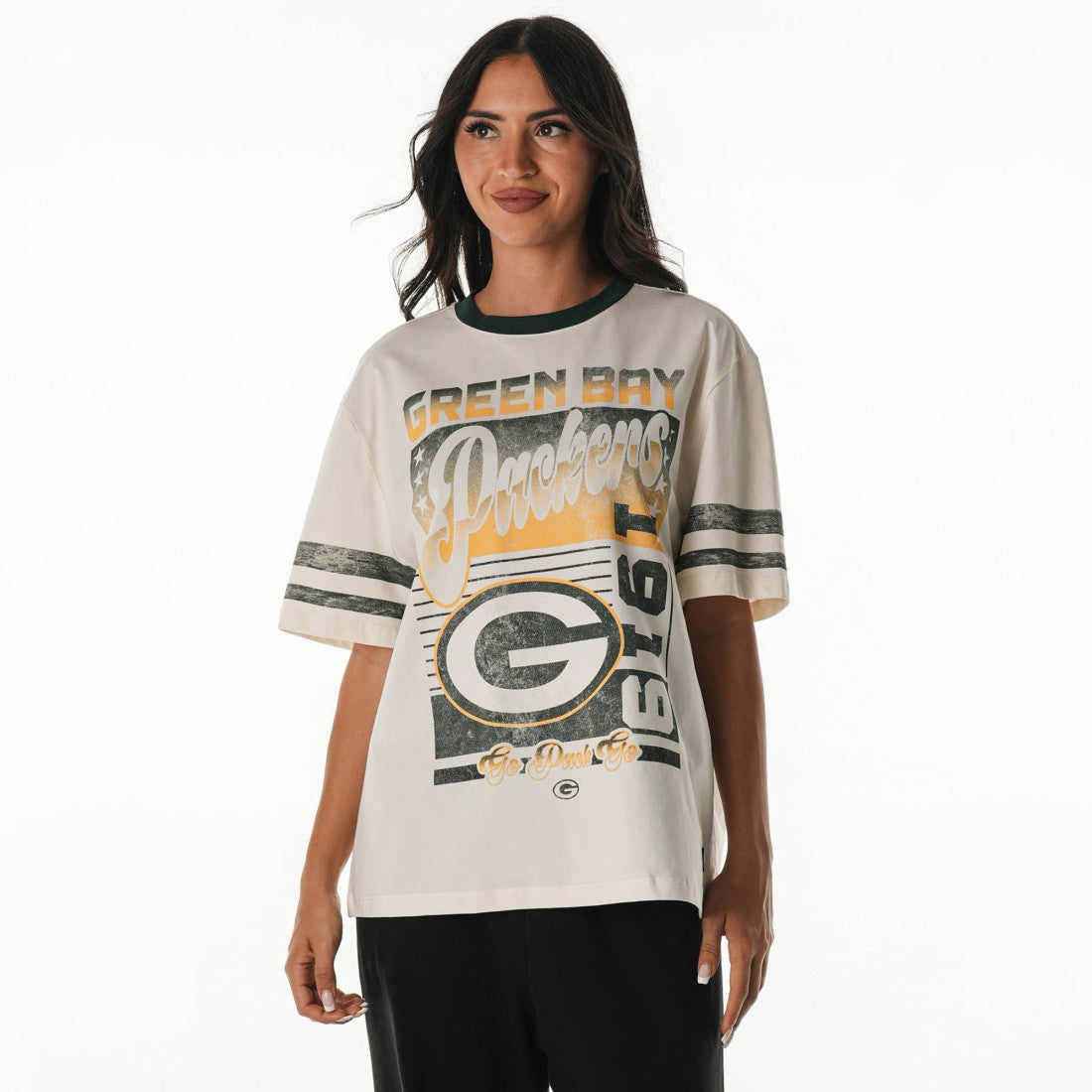 Green Bay Packers The Wild Collective Women's Vintage Drop Shoulder Oversized Boyfriend T-Shirt - Cream - NFL