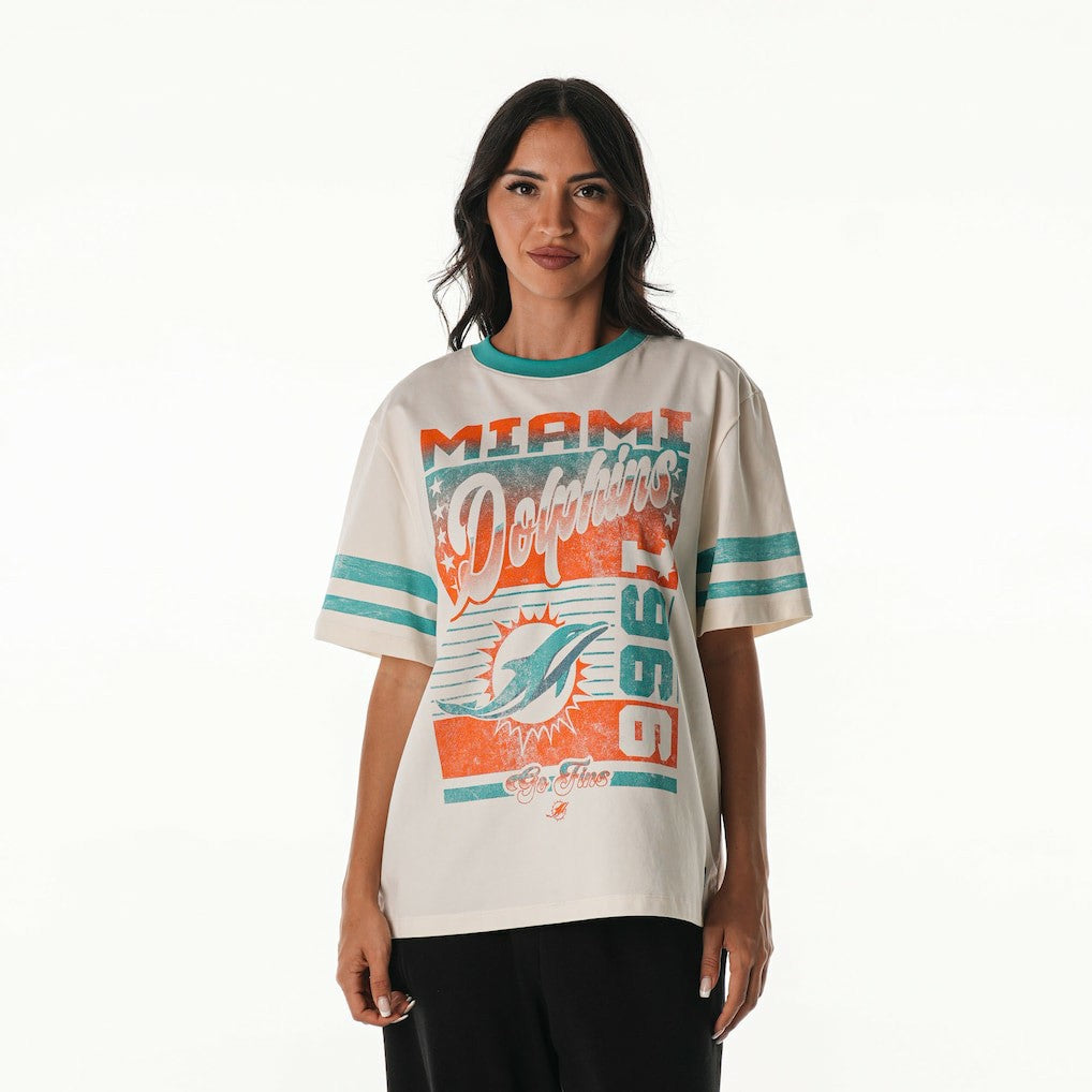 Miami Dolphins The Wild Collective Women's Vintage Drop Shoulder Oversized Boyfriend T-Shirt - Cream - NFL