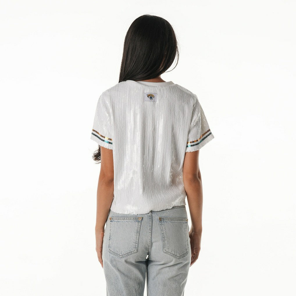 Jacksonville Jaguars The Wild Collective Women's Rhinestone Sequin Cropped T-Shirt - White - NFL