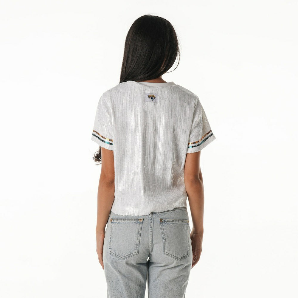 Jacksonville Jaguars The Wild Collective Women's Rhinestone Sequin Cropped T-Shirt - White - NFL