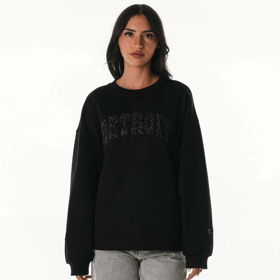 Detroit Lions The Wild Collective Women's Rock Crystal Oversized Crewneck Sweatshirt - Black - NFL