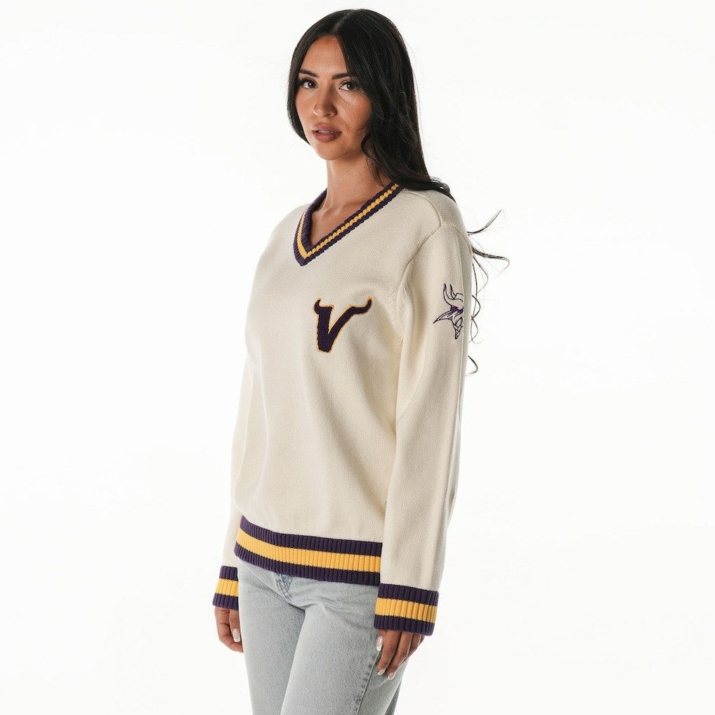 Minnesota Vikings The Wild Collective Women's Jacquard V-Neck Sweater - Cream - NFL