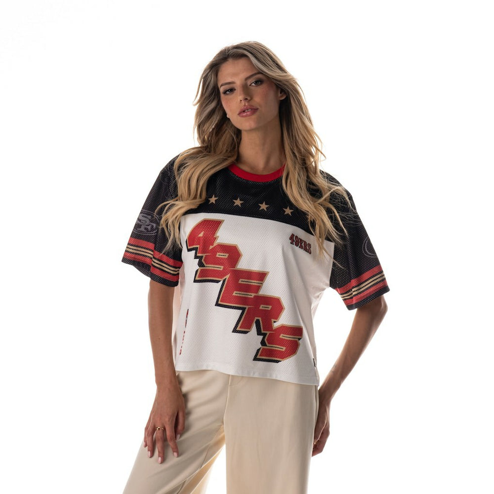 San Francisco 49ers The Wild Collective Women's Boxy Cropped Mesh T-Shirt - White - NFL