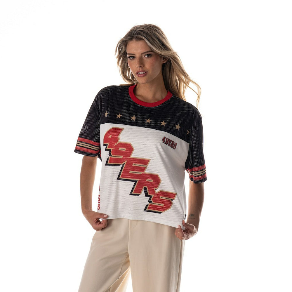 San Francisco 49ers The Wild Collective Women's Boxy Cropped Mesh T-Shirt - White - NFL