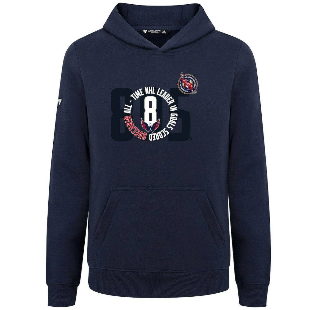 Alexander Ovechkin Washington Capitals Levelwear Youth NHL All-Time Leading Goal Scorer Milestone Name & Number Podium Pullover Hoodie - Navy | NHL Clearance