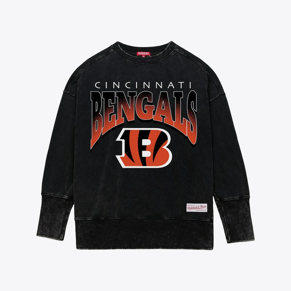 Cincinnati Bengals Women's Delineate Mineral Wash Crewneck Sweatshirt - Black - Mitchell & Ness