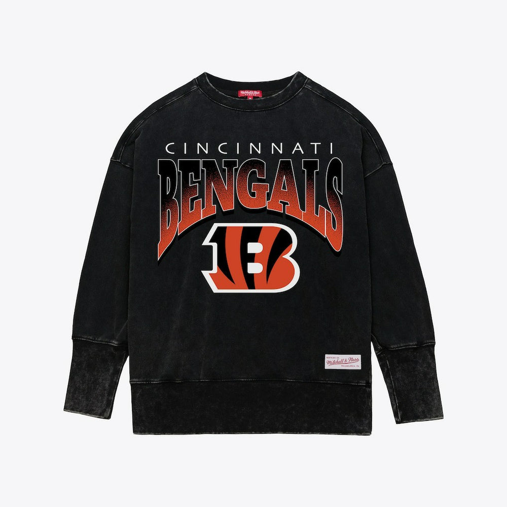 Cincinnati Bengals Women's Delineate Mineral Wash Crewneck Sweatshirt - Black - Mitchell & Ness