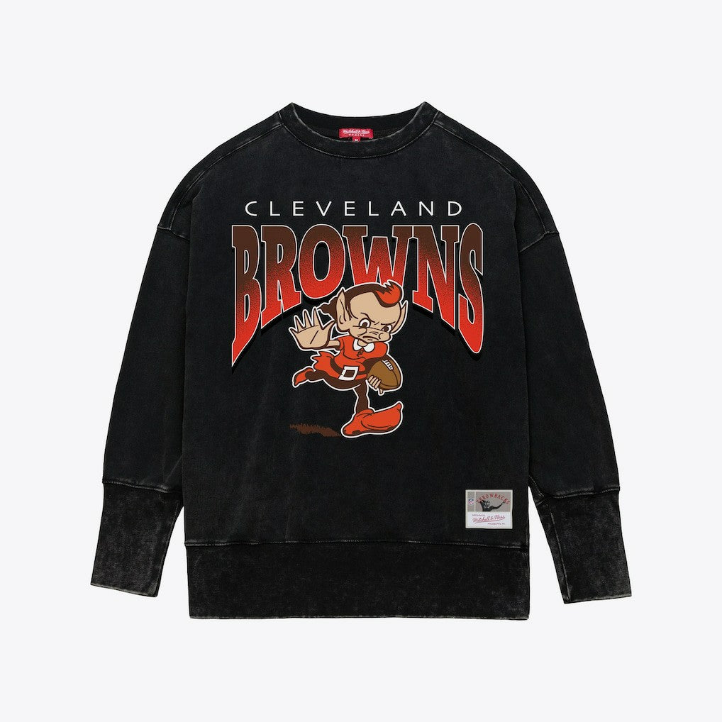 Cleveland Browns Women's Delineate Mineral Wash Crewneck Sweatshirt - Black - Mitchell & Ness