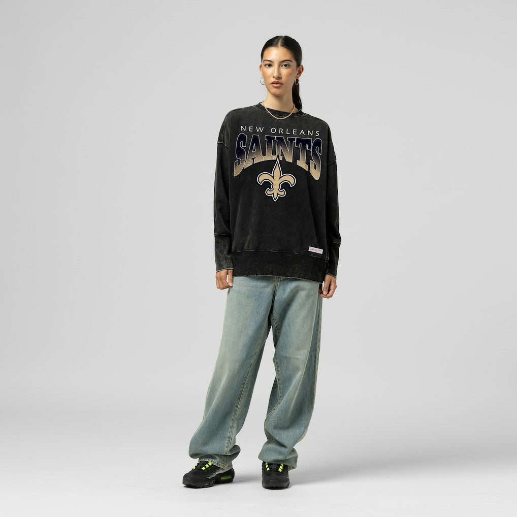 New Orleans Saints Women's Delineate Mineral Wash Crewneck Sweatshirt - Black - Mitchell & Ness
