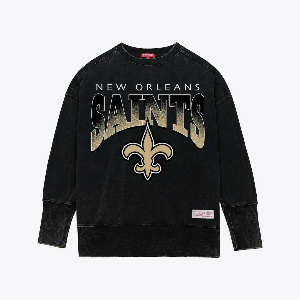 New Orleans Saints Women's Delineate Mineral Wash Crewneck Sweatshirt - Black - Mitchell & Ness