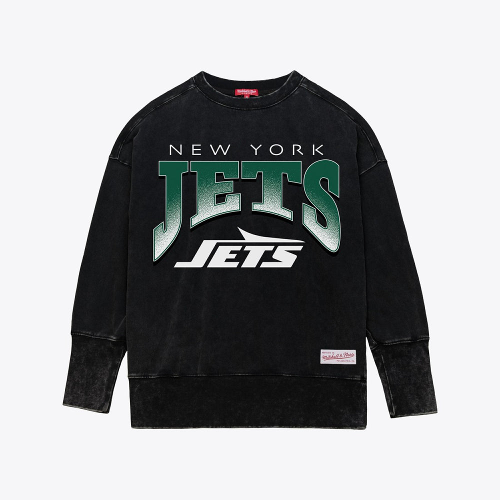 New York Jets Women's Delineate Mineral Wash Crewneck Sweatshirt - Black - Mitchell & Ness