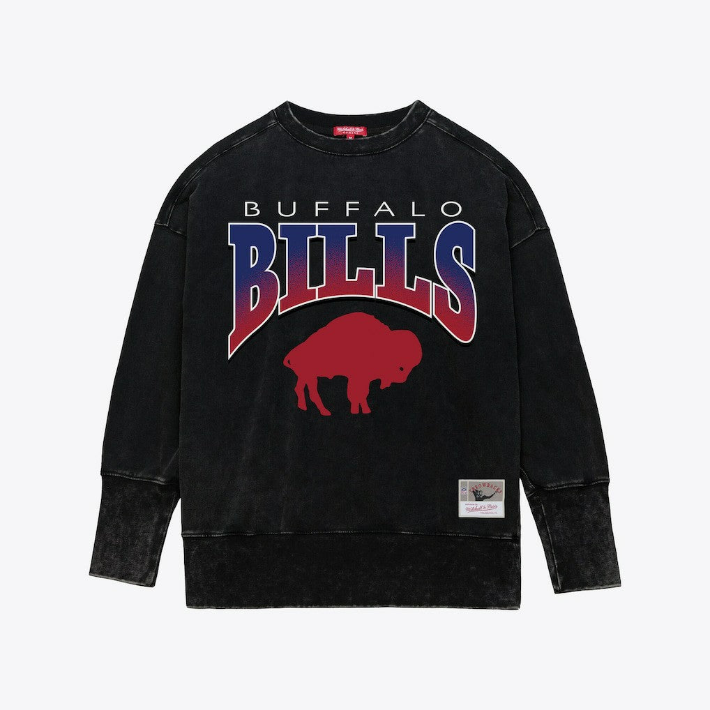 Buffalo Bills Women's Delineate Mineral Wash Crewneck Sweatshirt - Black - Mitchell & Ness
