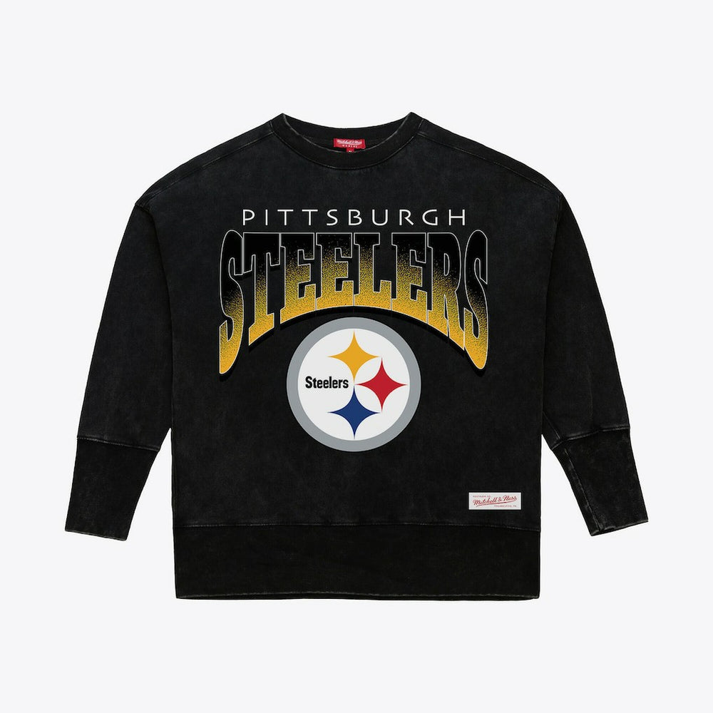 Pittsburgh Steelers Women's Delineate Mineral Wash Crewneck Sweatshirt - Black - Mitchell & Ness