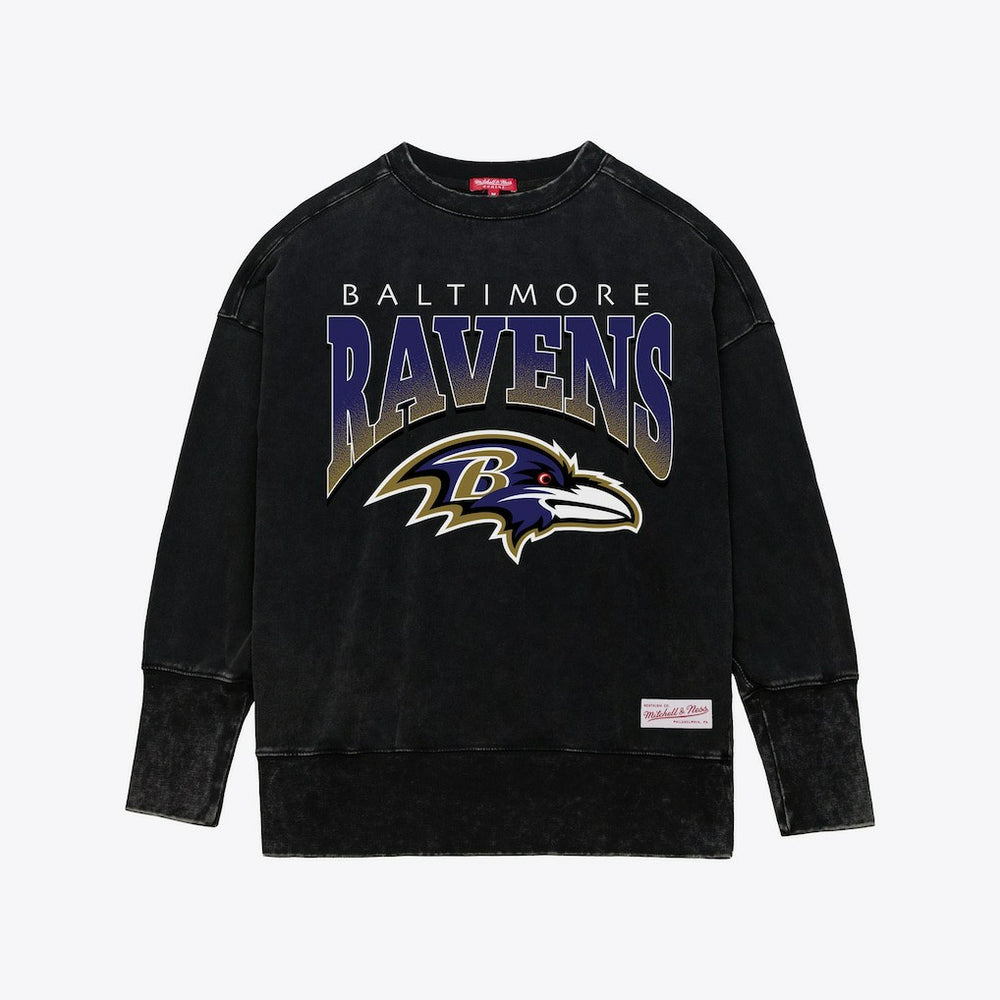 Baltimore Ravens Women's Delineate Mineral Wash Crewneck Sweatshirt - Black - Mitchell & Ness
