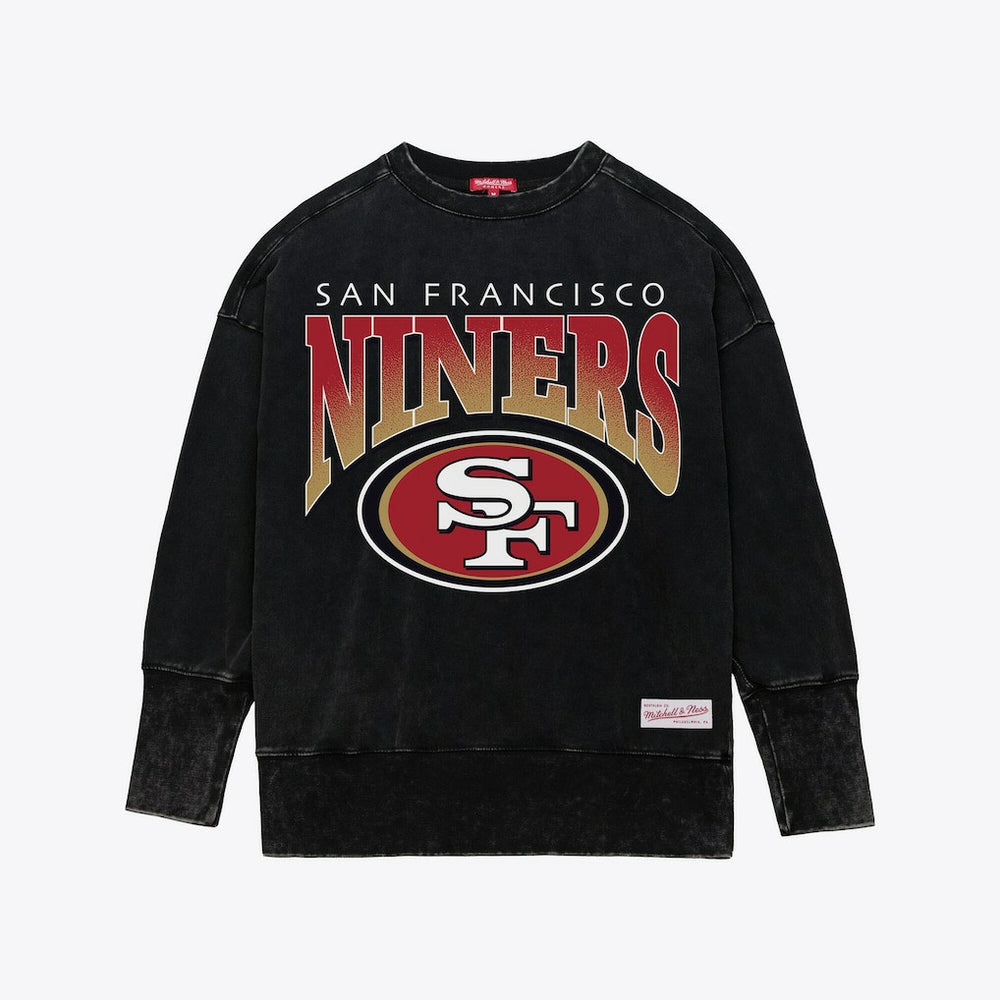 San Francisco 49ers Women's Delineate Mineral Wash Crewneck Sweatshirt - Black - Mitchell & Ness