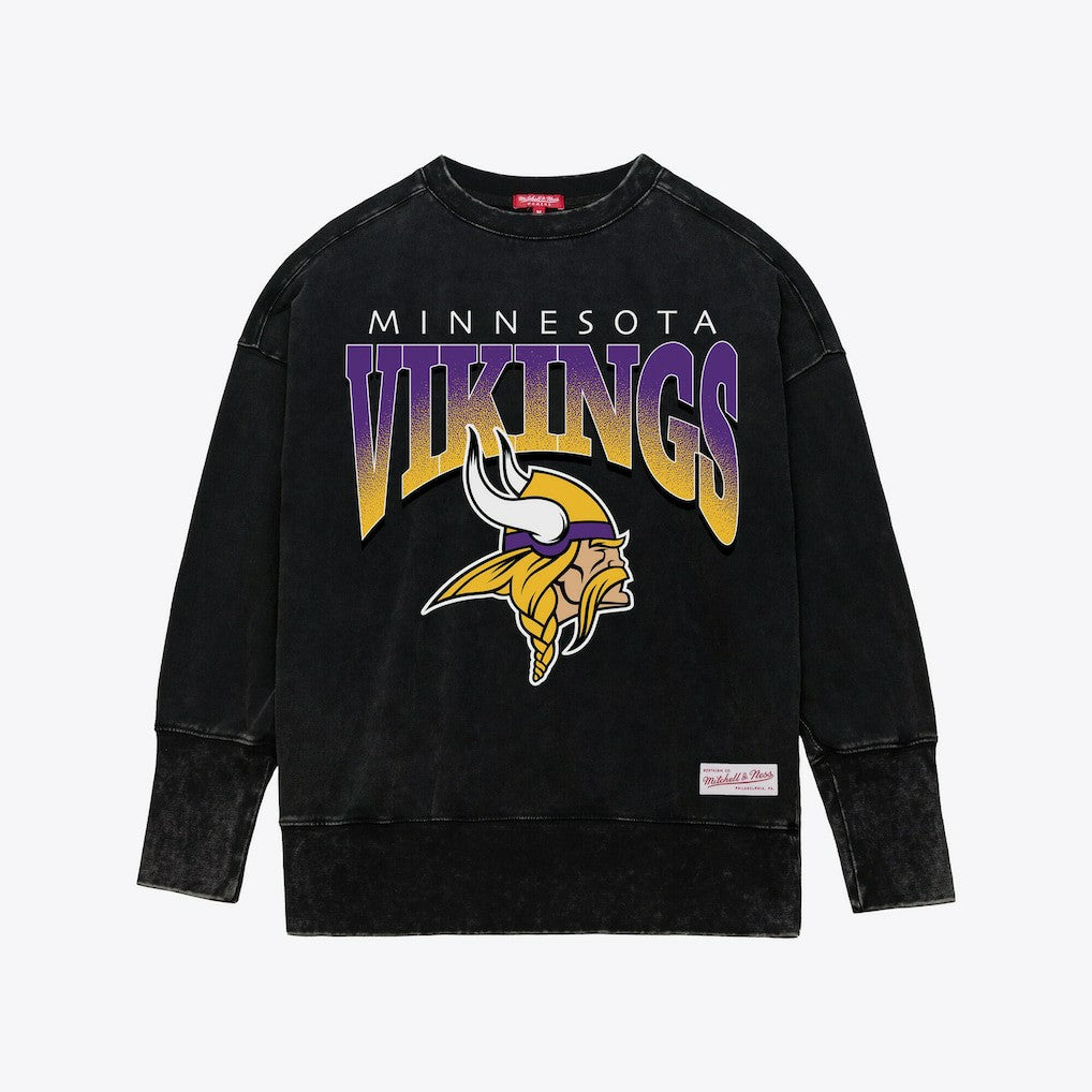 Minnesota Vikings Women's Delineate Mineral Wash Crewneck Sweatshirt - Black - Mitchell & Ness