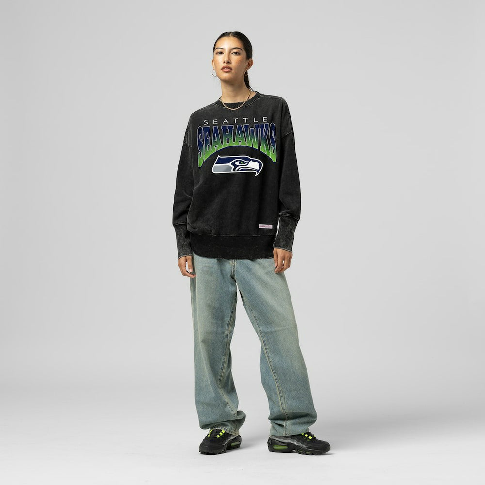 Seattle Seahawks Women's Delineate Mineral Wash Crewneck Sweatshirt - Black - Mitchell & Ness