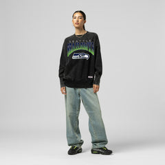 Seattle Seahawks Women's Delineate Mineral Wash Crewneck Sweatshirt - Black - Mitchell & Ness