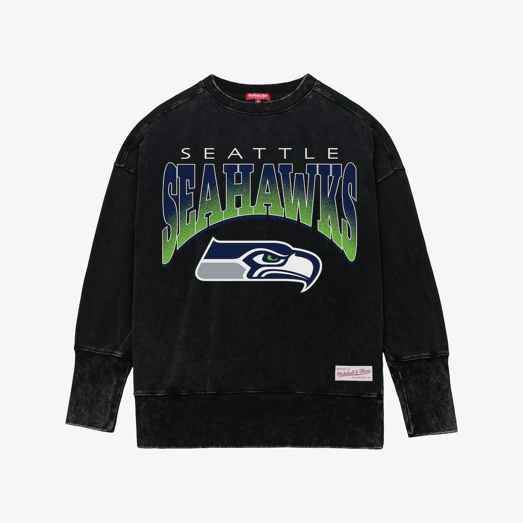 Seattle Seahawks Women's Delineate Mineral Wash Crewneck Sweatshirt - Black - Mitchell & Ness