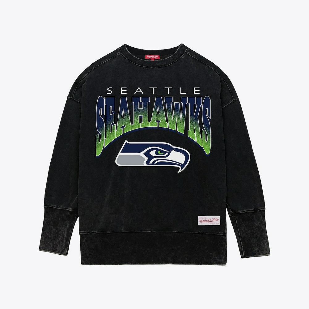 Seattle Seahawks Women's Delineate Mineral Wash Crewneck Sweatshirt - Black - Mitchell & Ness