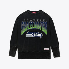 Seattle Seahawks Women's Delineate Mineral Wash Crewneck Sweatshirt - Black - Mitchell & Ness