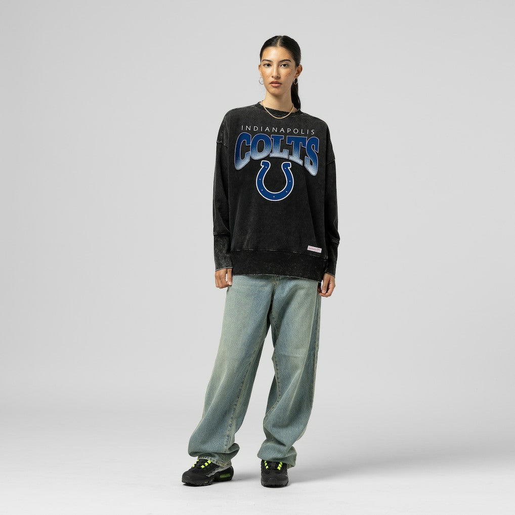 Indianapolis Colts Women's Delineate Mineral Wash Crewneck Sweatshirt - Black - Mitchell & Ness