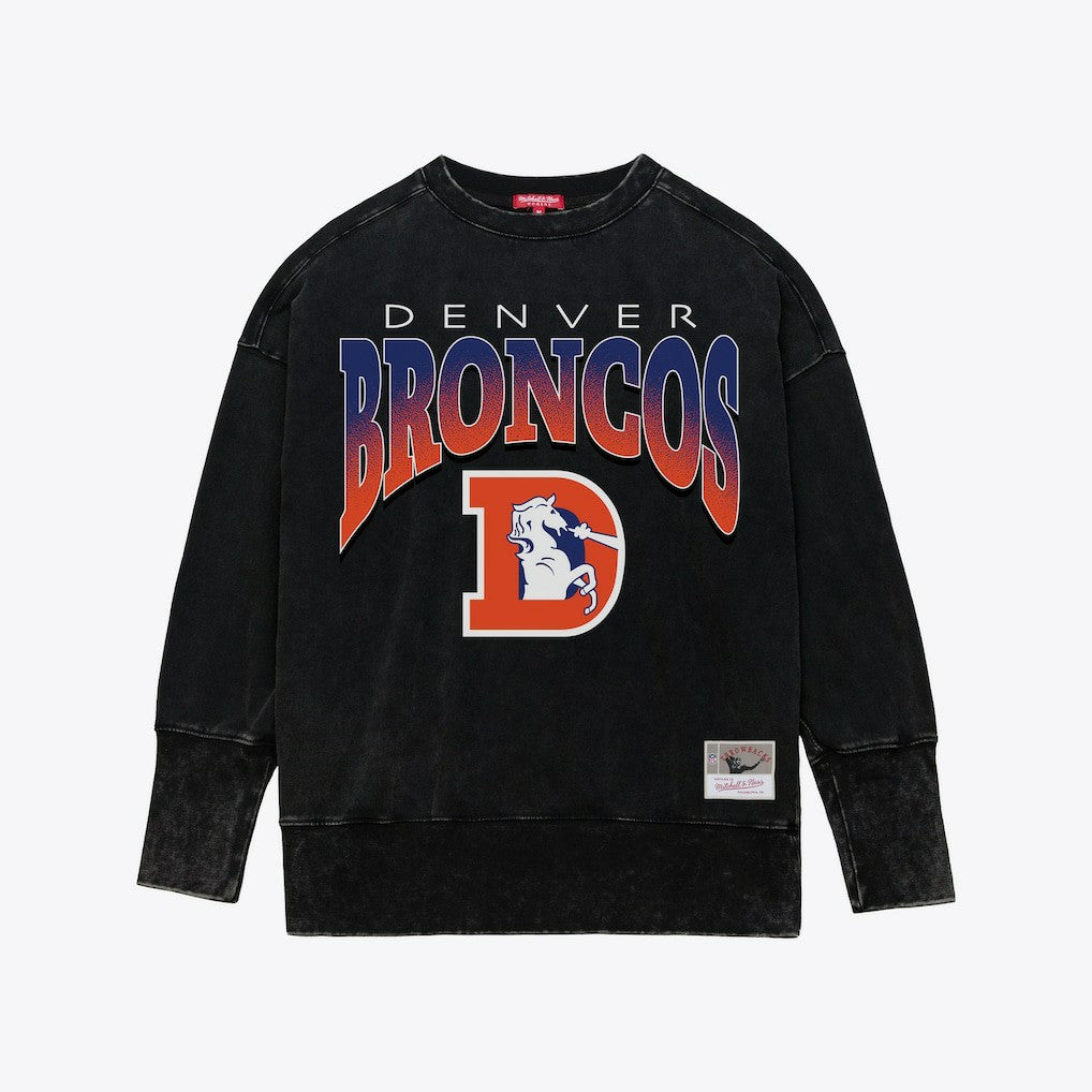 Denver Broncos Women's Delineate Mineral Wash Crewneck Sweatshirt - Black - Mitchell & Ness