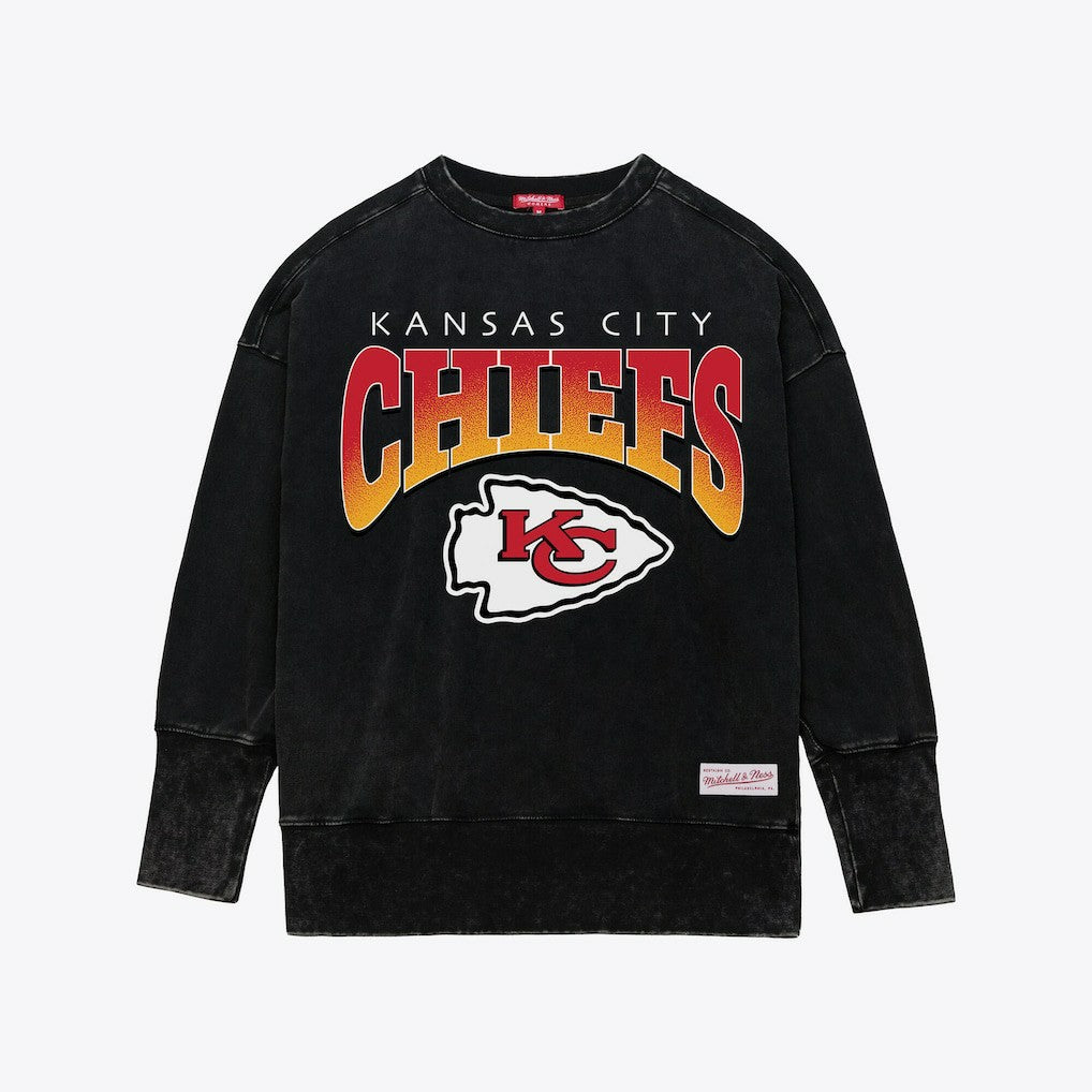 Kansas City Chiefs Women's Delineate Mineral Wash Crewneck Sweatshirt - Black - Mitchell & Ness